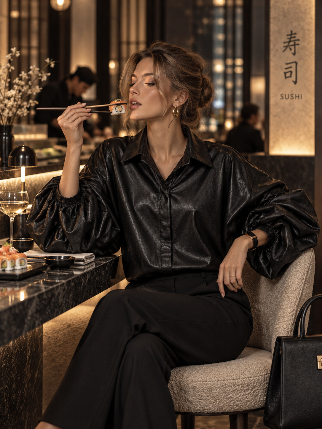 Camicia Effetto Pelle con Maniche Arricciate Oversize