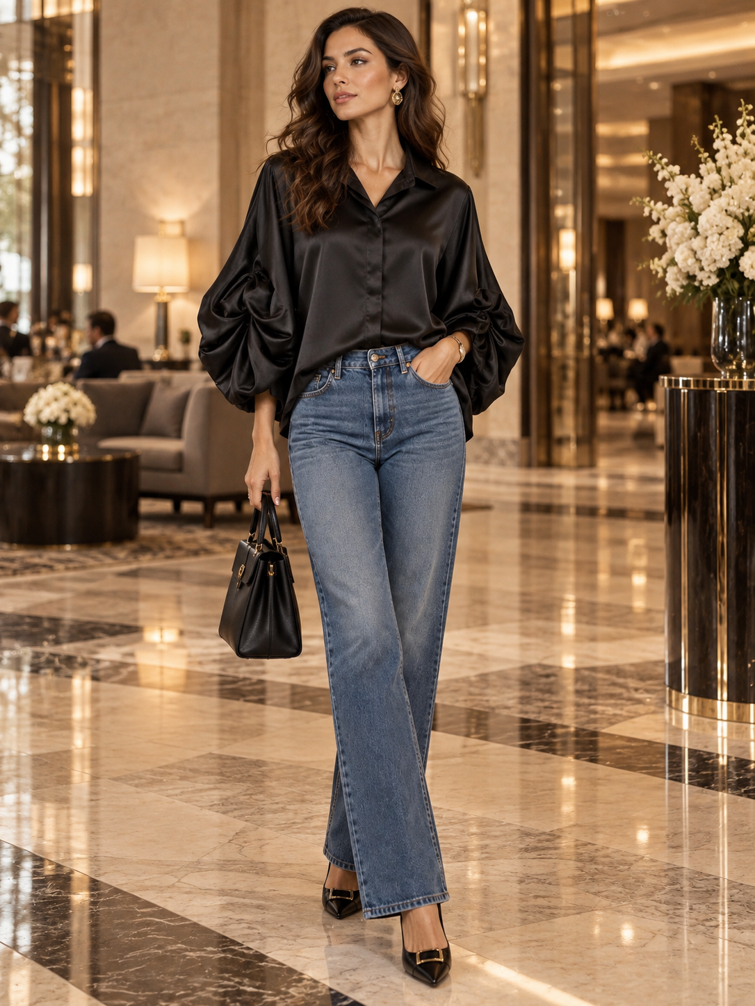 Camicia Satinata Con Maniche Arricciate
