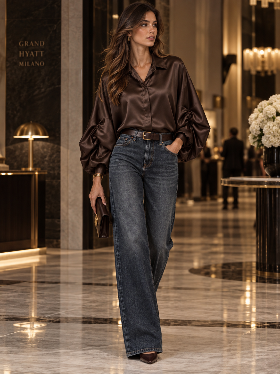 Camicia Satinata Con Maniche Arricciate