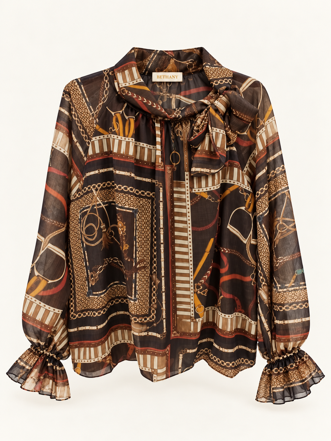 Blusa Chains in Chiffon Fantasia Catene con Fiocco al Collo e Maniche Lunghe