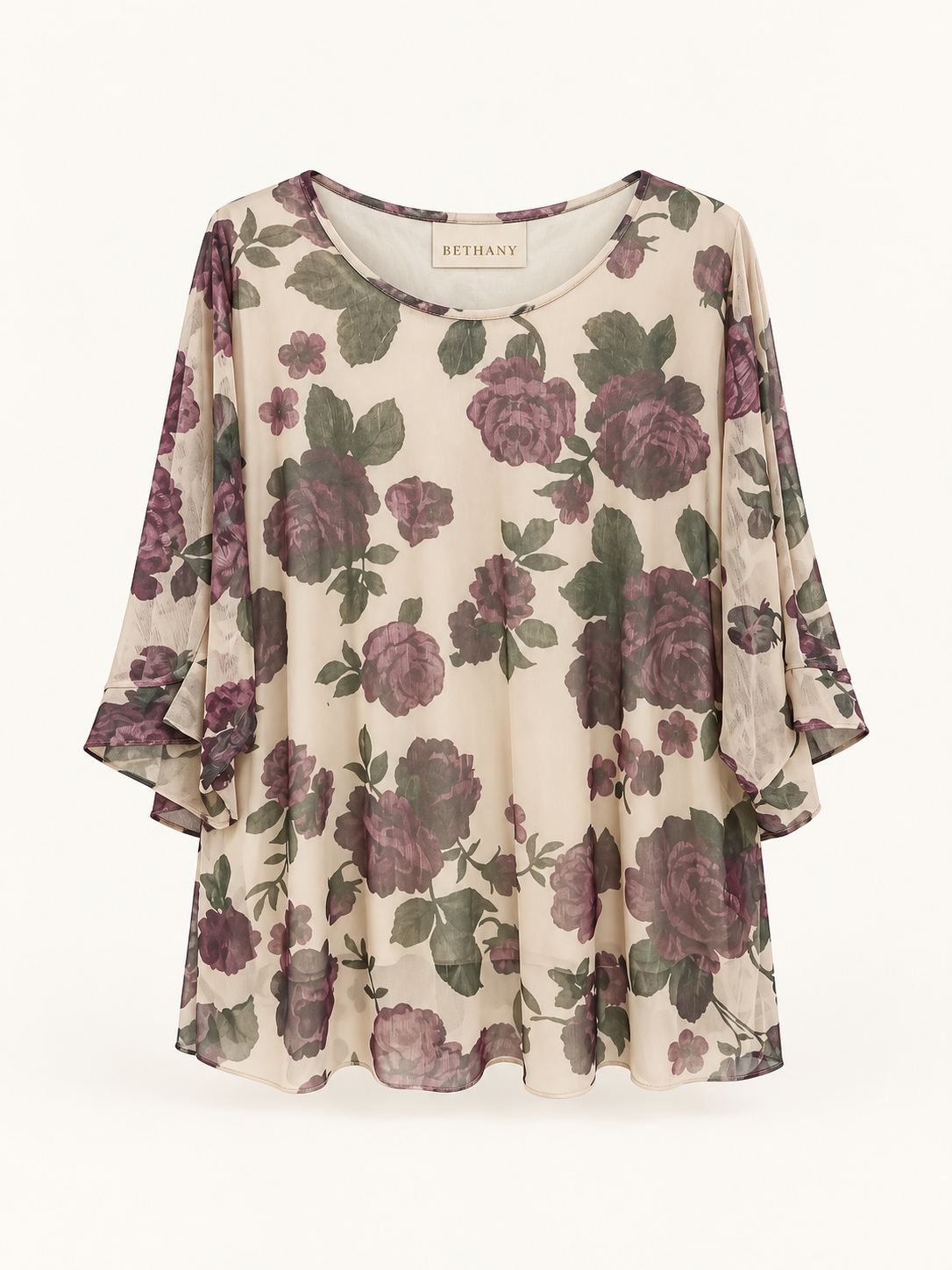 Blusa Flowers in Tulle con Maniche a 3/4