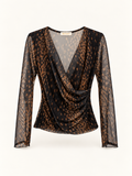 Maglia Donna Rebecca in Tulle Animalier con Scollo a V, Drappeggio Laterale e Maniche Lunghe