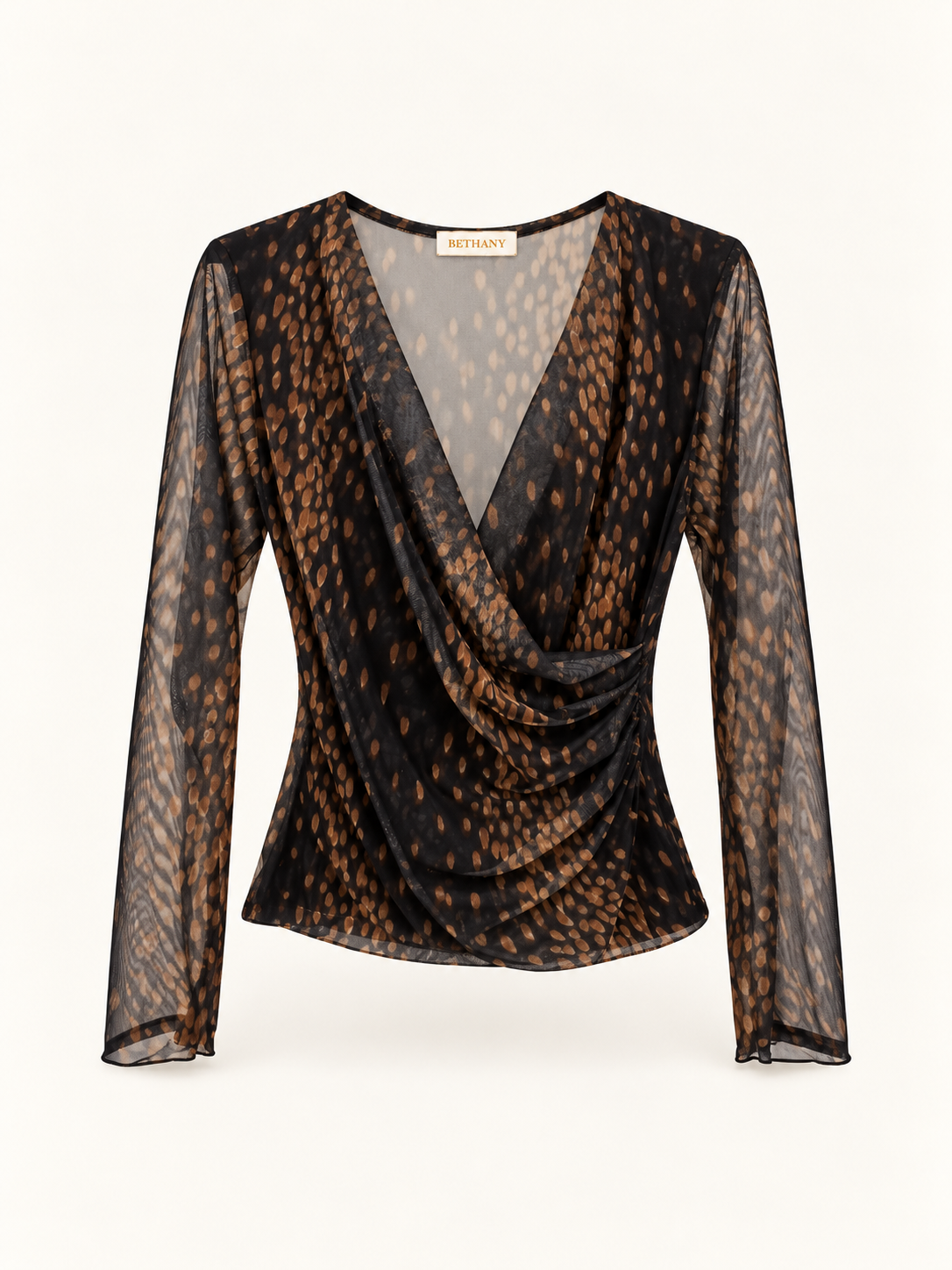 Maglia Donna Rebecca in Tulle Animalier con Scollo a V, Drappeggio Laterale e Maniche Lunghe