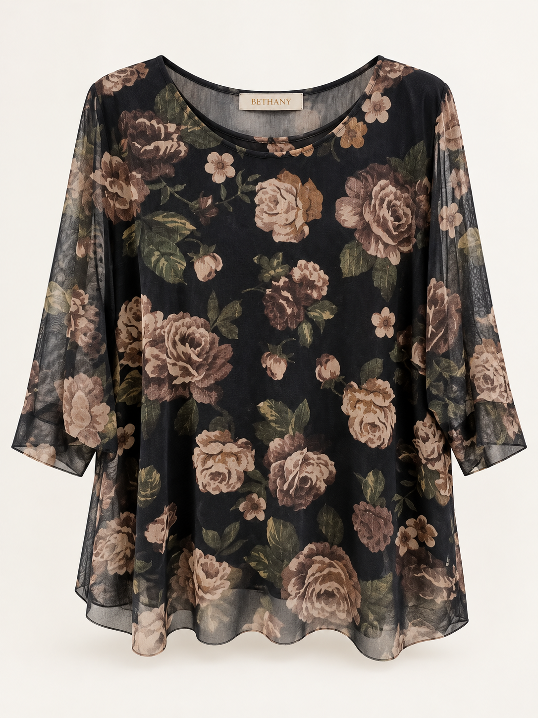 Blusa Flowers in Tulle con Maniche a 3/4