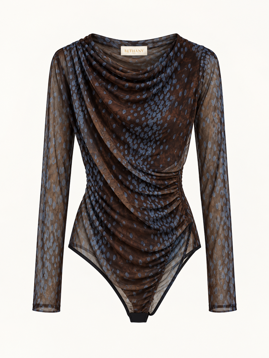 Body Viktoria in Tulle con Drappeggio Laterale e Maniche Lunghe Trasparenti