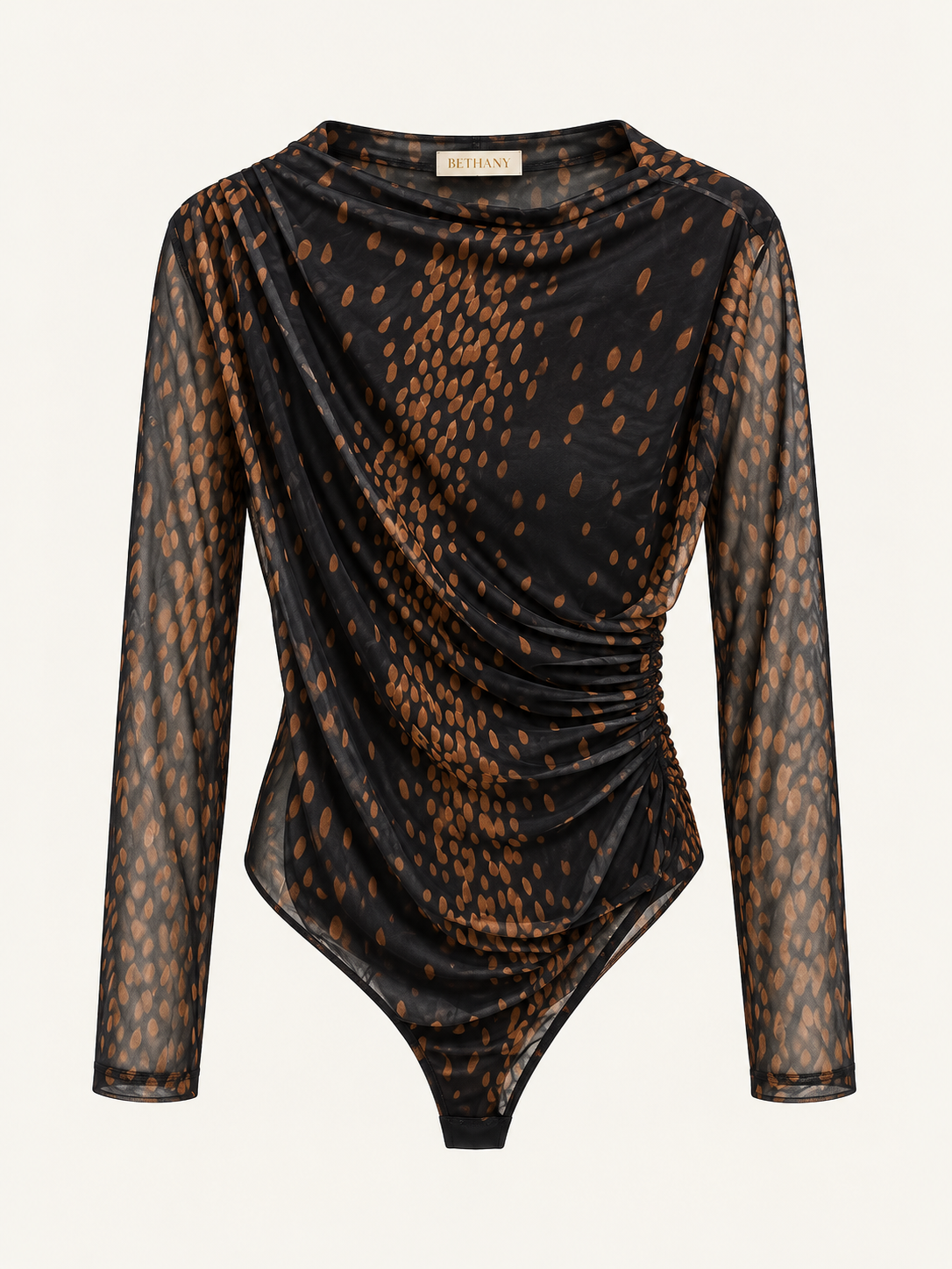 Body Viktoria in Tulle con Drappeggio Laterale e Maniche Lunghe Trasparenti