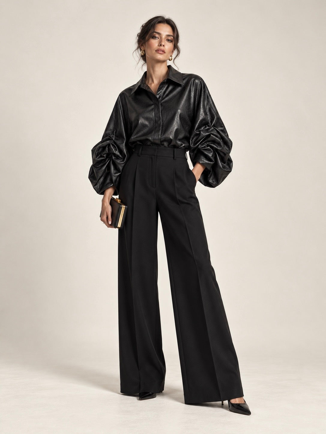 Camicia Effetto Pelle con Maniche Arricciate Oversize