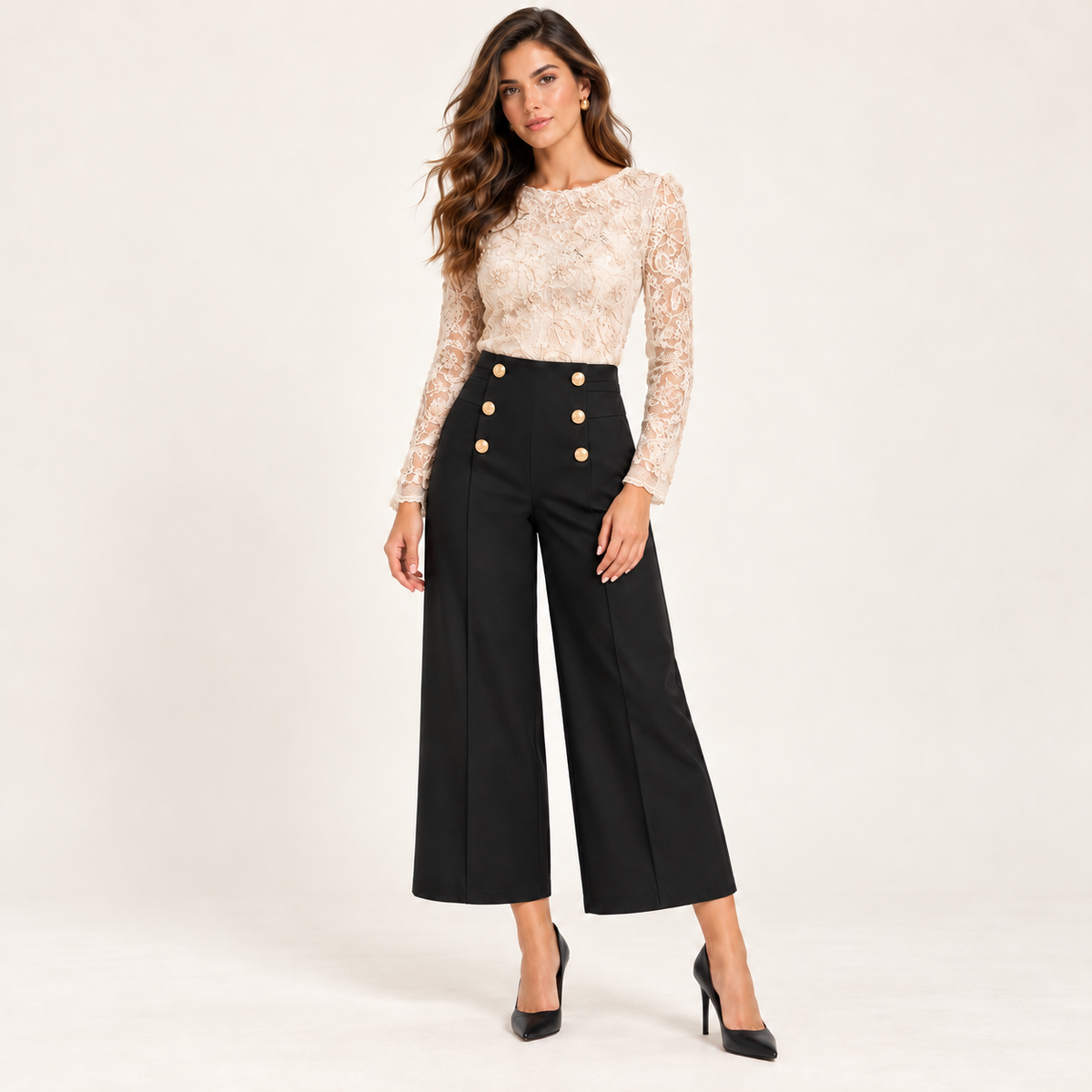 Pantaloni Victoria a Vita Alta e Bottoni Oro