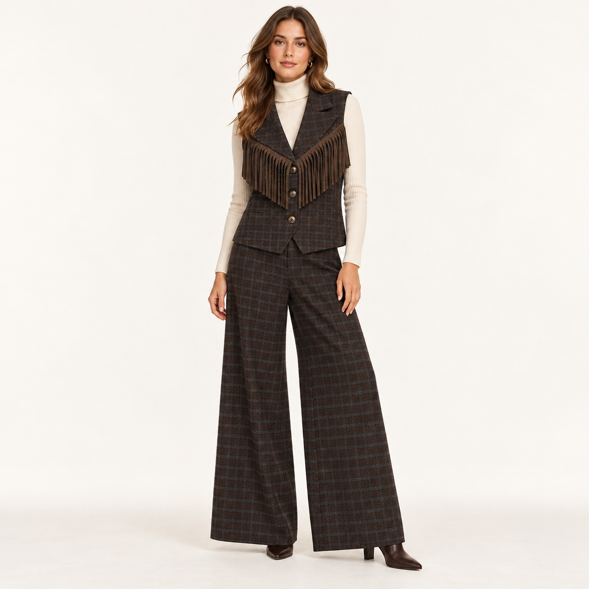Gilet Dakota con Frange e Fantasia a Quadri Marrone