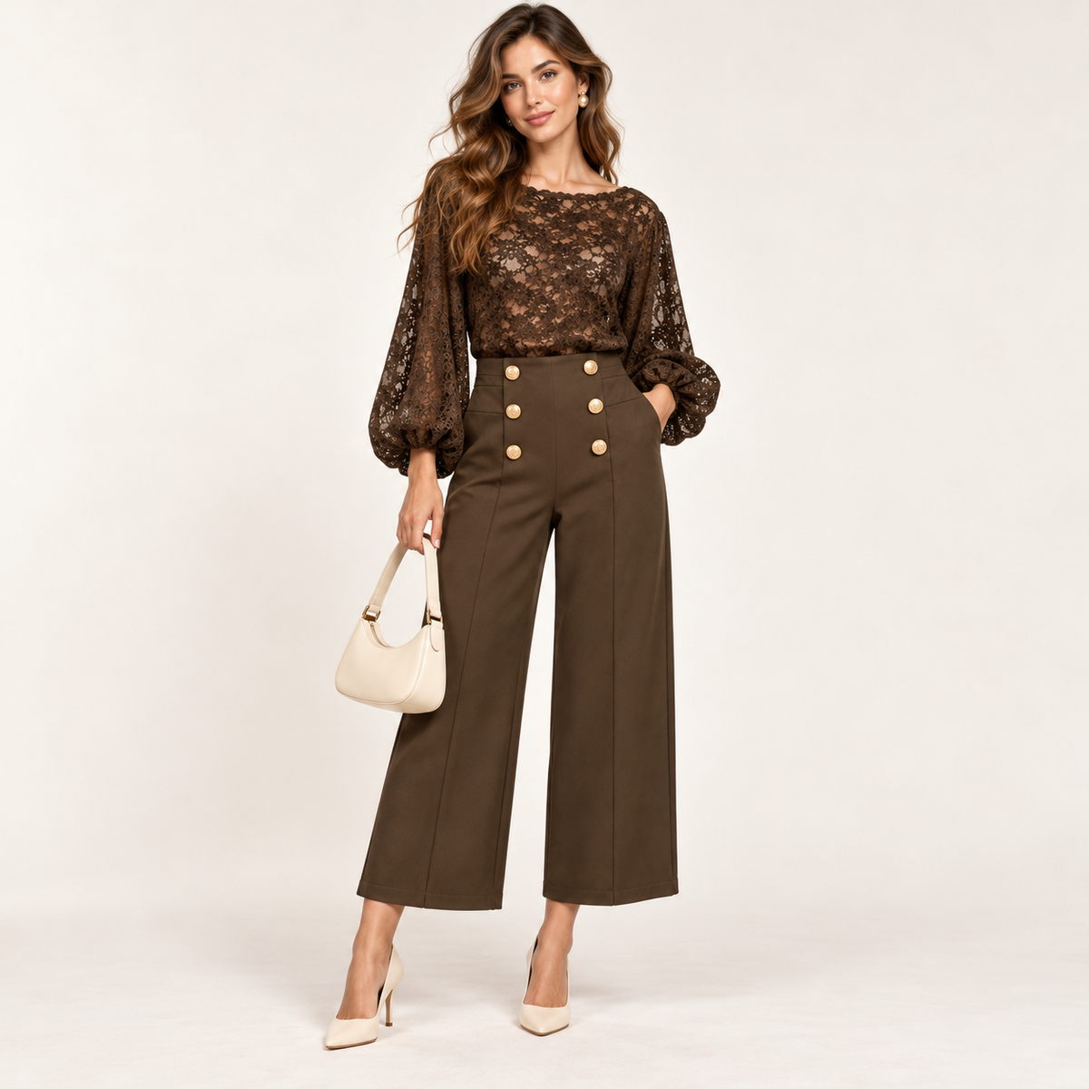 Pantaloni Victoria a Vita Alta e Bottoni Oro