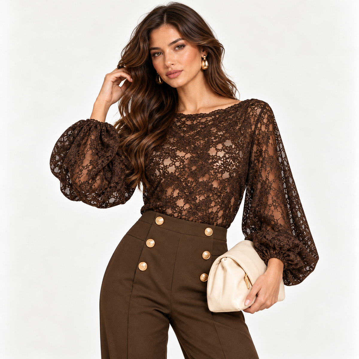 Blusa Yuliana Elegante in Pizzo Floreale con Maniche a Palloncino – Effetto Trasparente