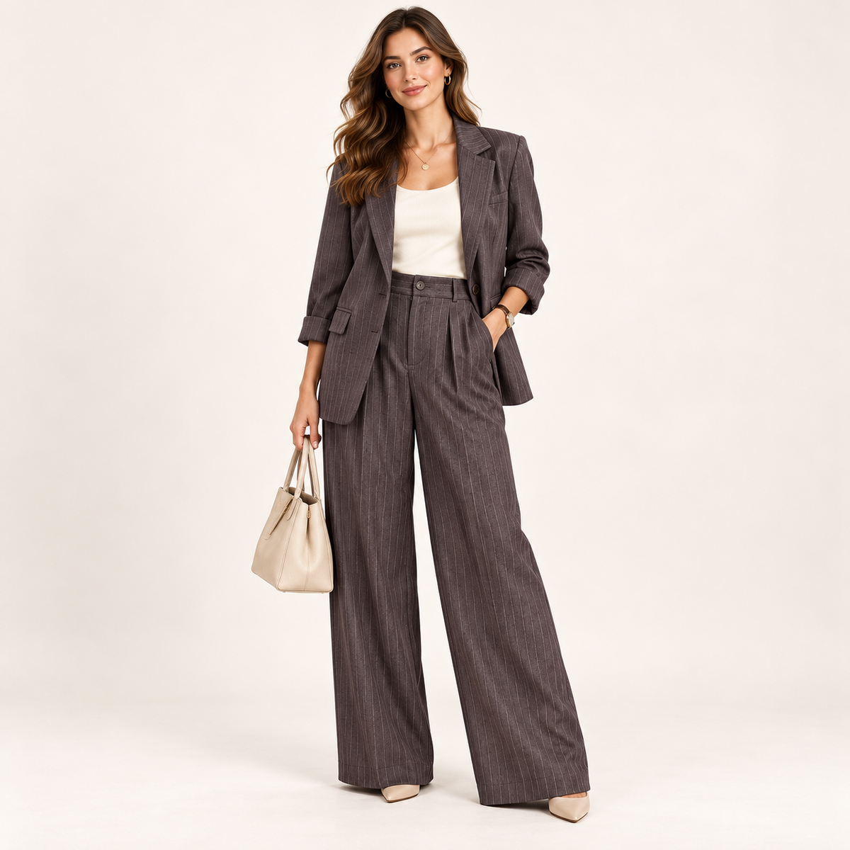 Pantalone Freja Gessato a Palazzo con Vita Alta e Pinces