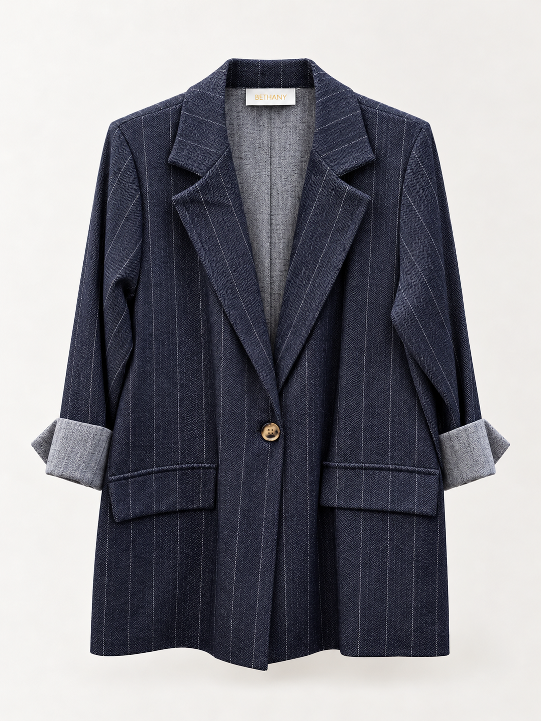 Blazer Ivy Elegante Gessato con Revers e Maniche Risvoltate