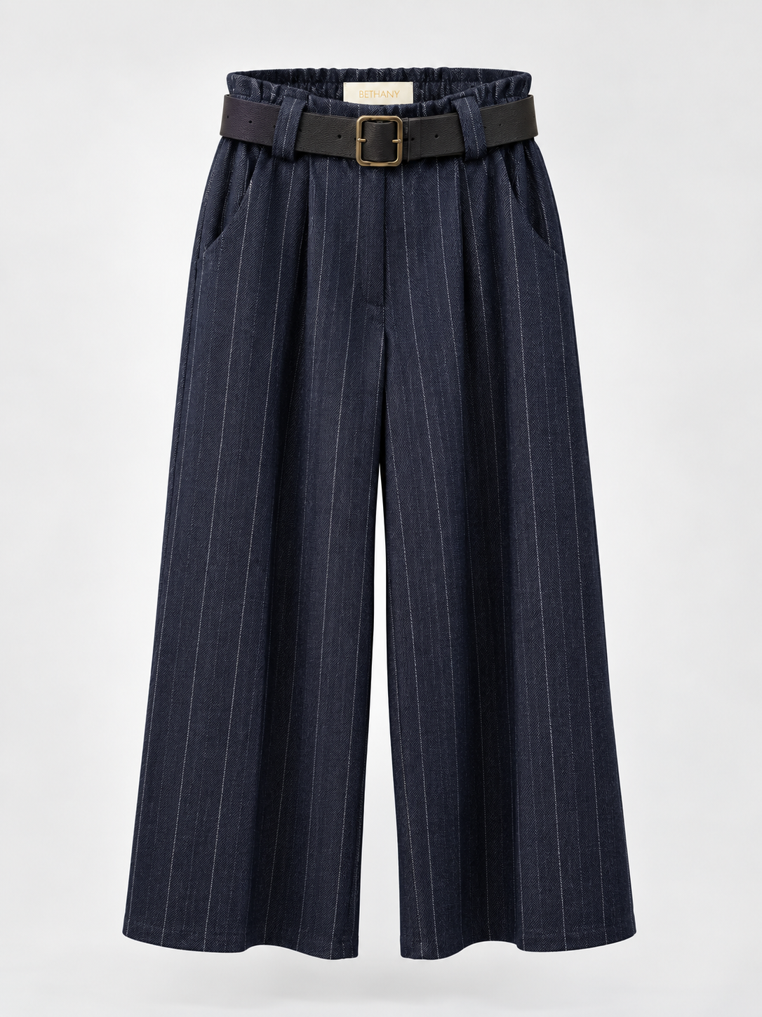 Pantalone Hailey Gessato a Palazzo con Vita Alta e Cintura