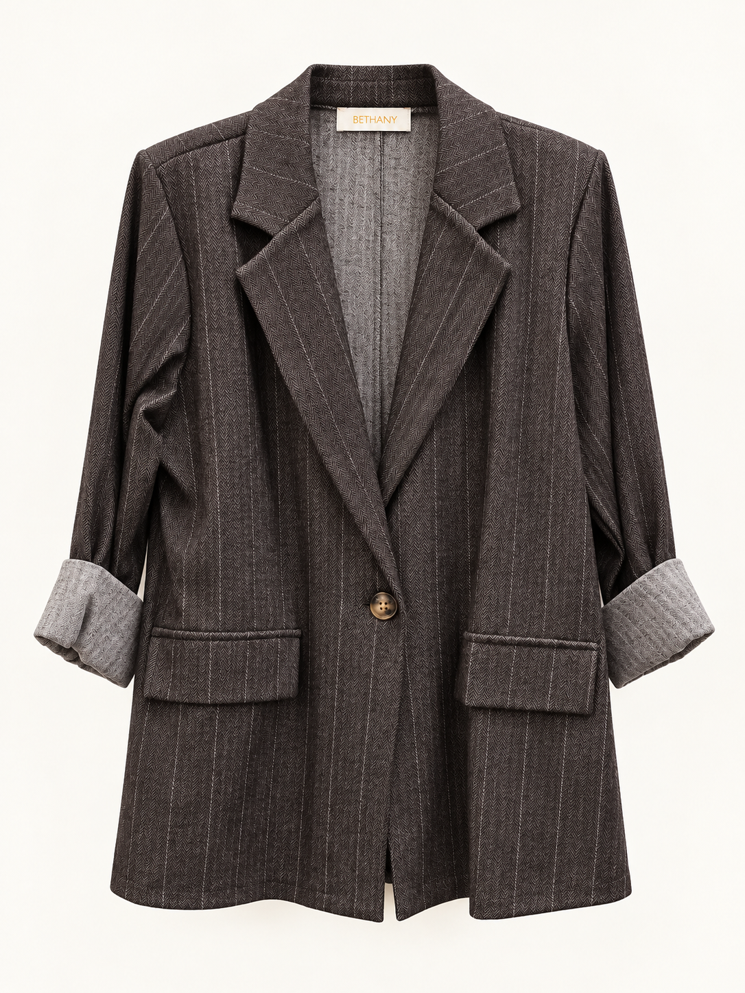 Blazer Ivy Elegante Gessato con Revers e Maniche Risvoltate