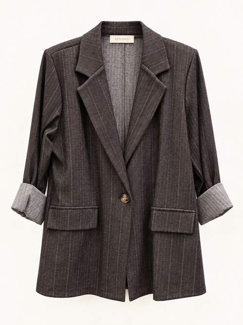 Blazer Ivy Elegante Gessato con Revers e Maniche Risvoltate