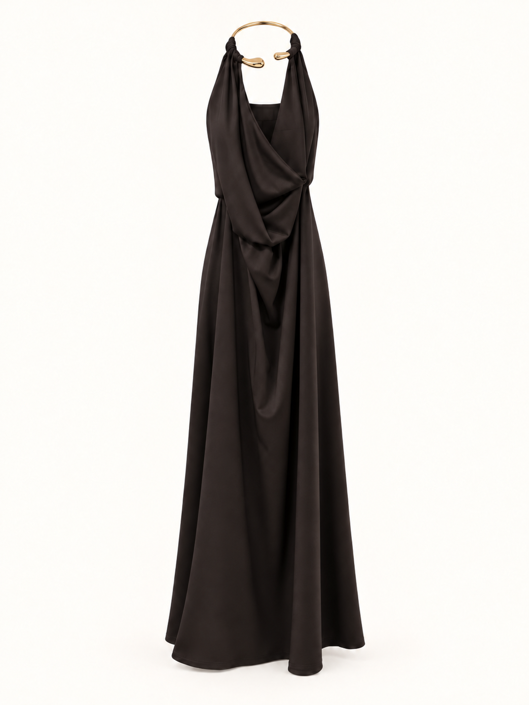 Abito Lungo Kaia Elegante con Scollo all'Americana, Dettaglio Oro e Drappeggio
