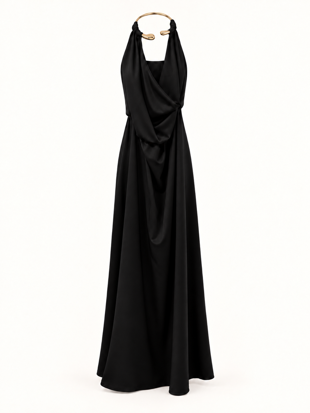Abito Lungo Kaia Elegante con Scollo all'Americana, Dettaglio Oro e Drappeggio
