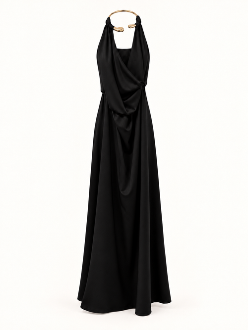 Abito Lungo Kaia Elegante con Scollo all'Americana, Dettaglio Oro e Drappeggio