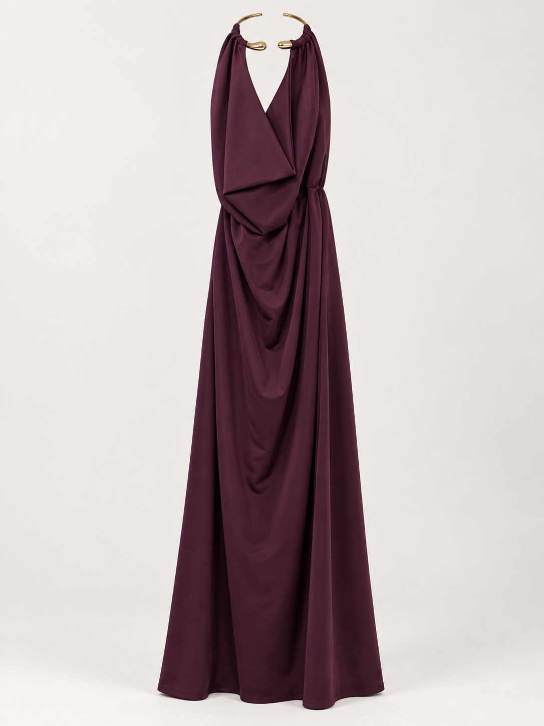 Abito Lungo Kaia Elegante con Scollo all'Americana, Dettaglio Oro e Drappeggio