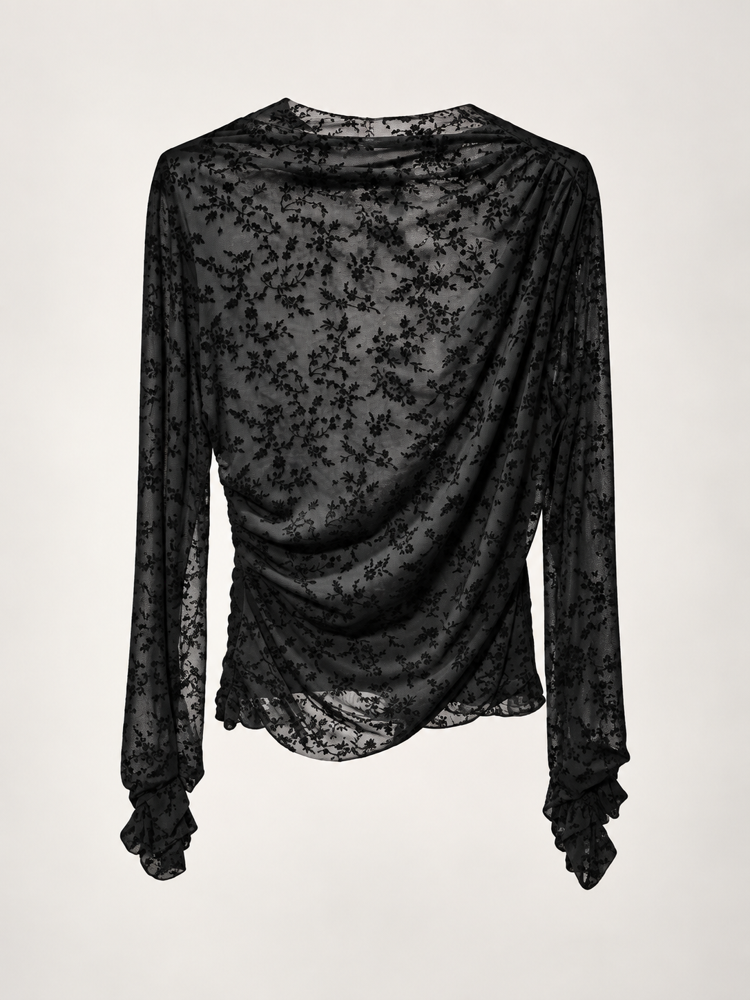Maglia Selene In Pizzo Floreale Trasparente con Drappeggio