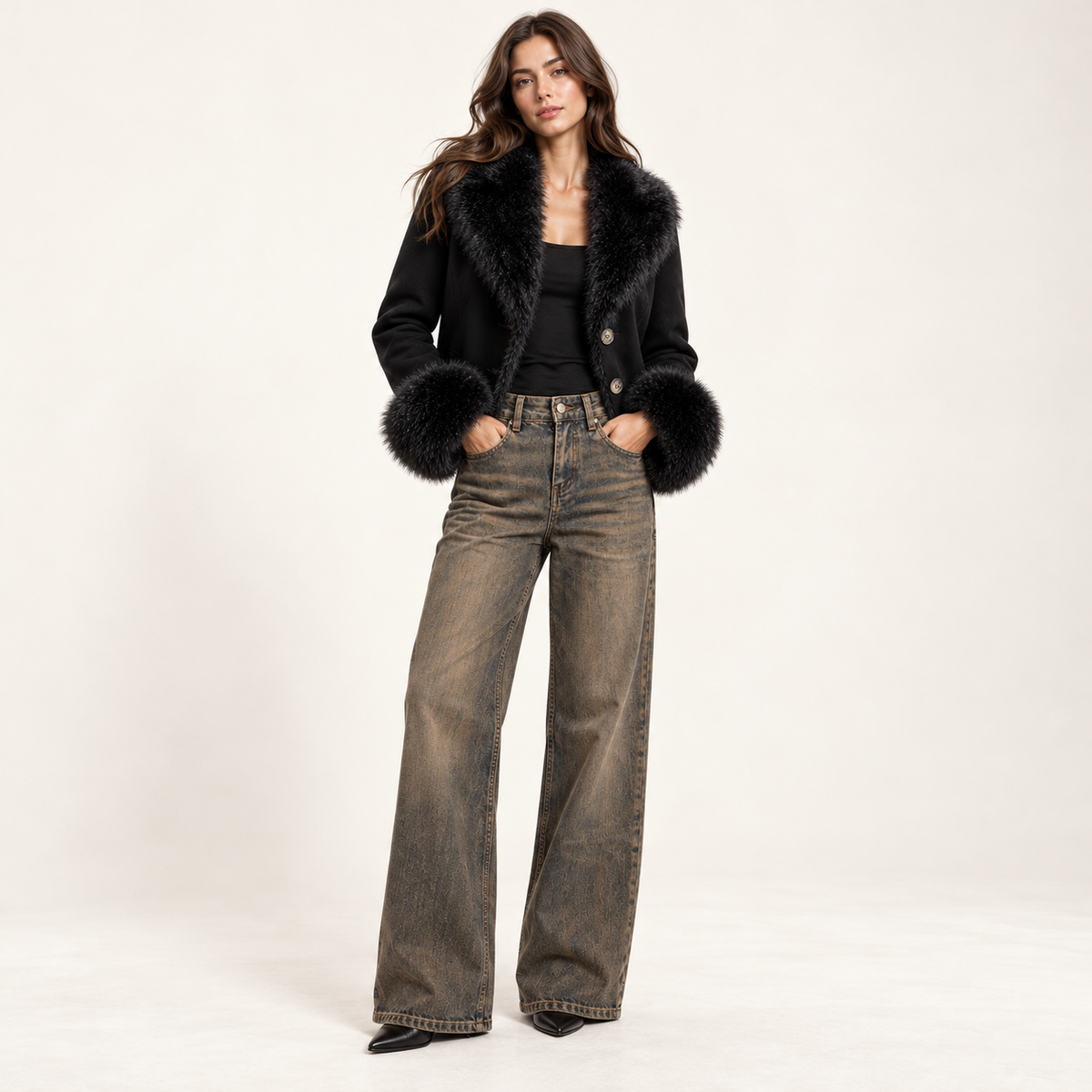 Denim Wide Leg Sveva Effetto Vintage Tabacco