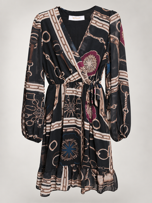 Abito Vivienne a Portafoglio in Chiffon con Stampa Catene e Volant