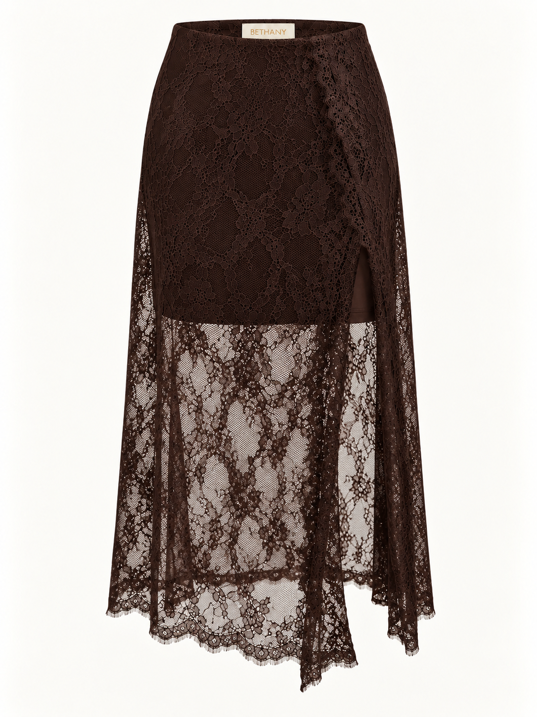 Gonna Midi in Pizzo Floreale con Spacco Laterale e Dettagli Tulle