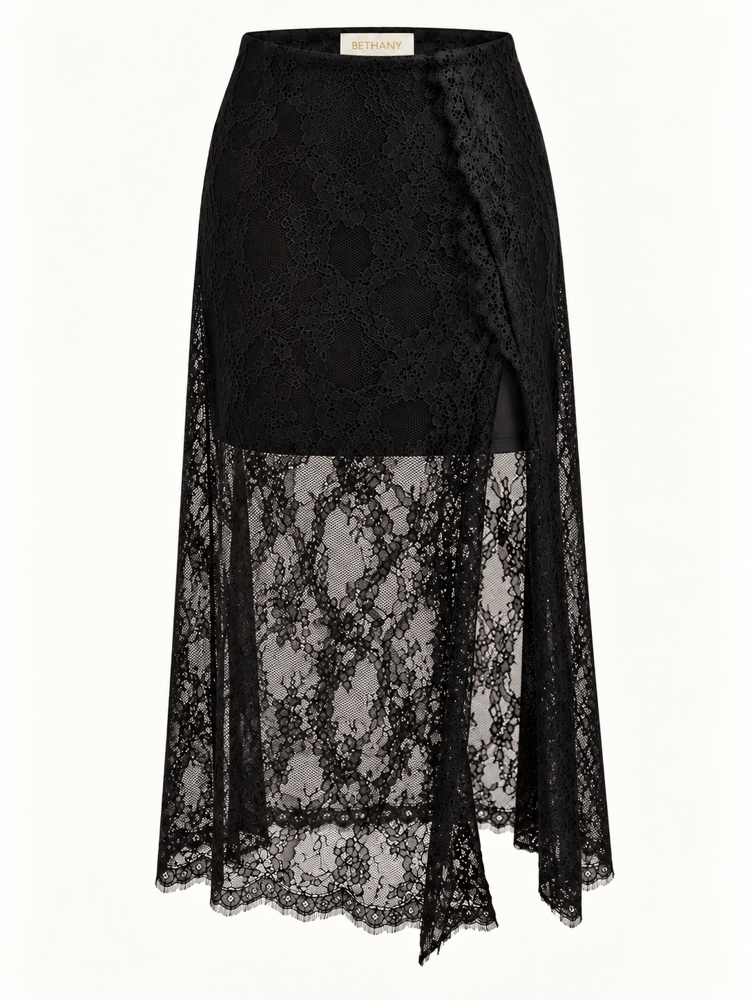 Gonna Midi in Pizzo Floreale con Spacco Laterale e Dettagli Tulle