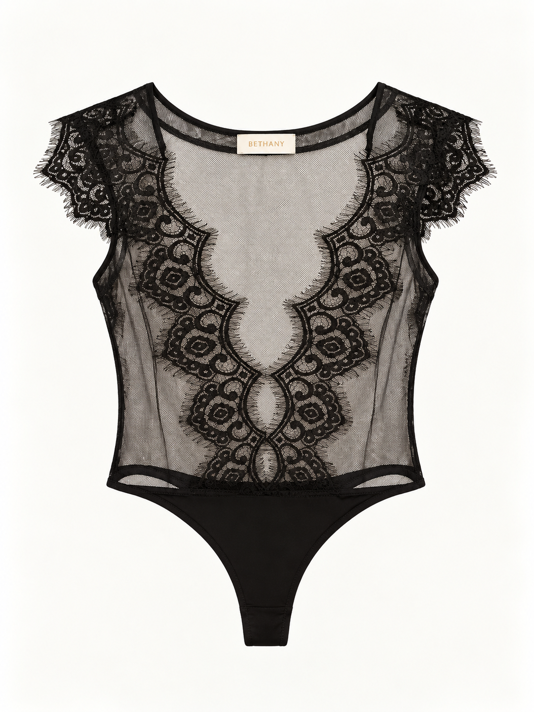 Body in Tulle Trasparente e Pizzo Floreale con Scollo Profondo