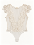 Body in Tulle Trasparente e Pizzo Floreale con Scollo Profondo