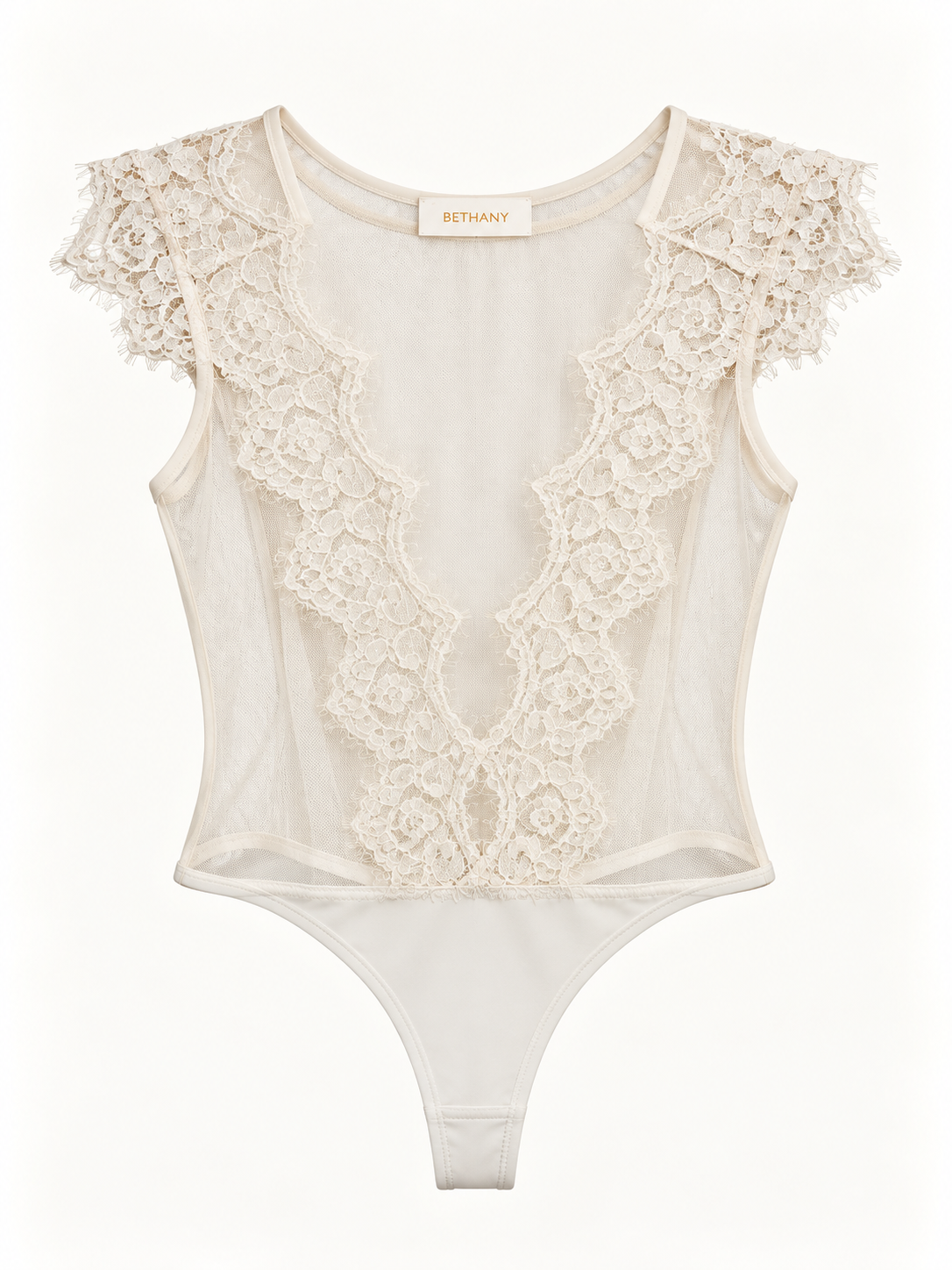 Body in Tulle Trasparente e Pizzo Floreale con Scollo Profondo