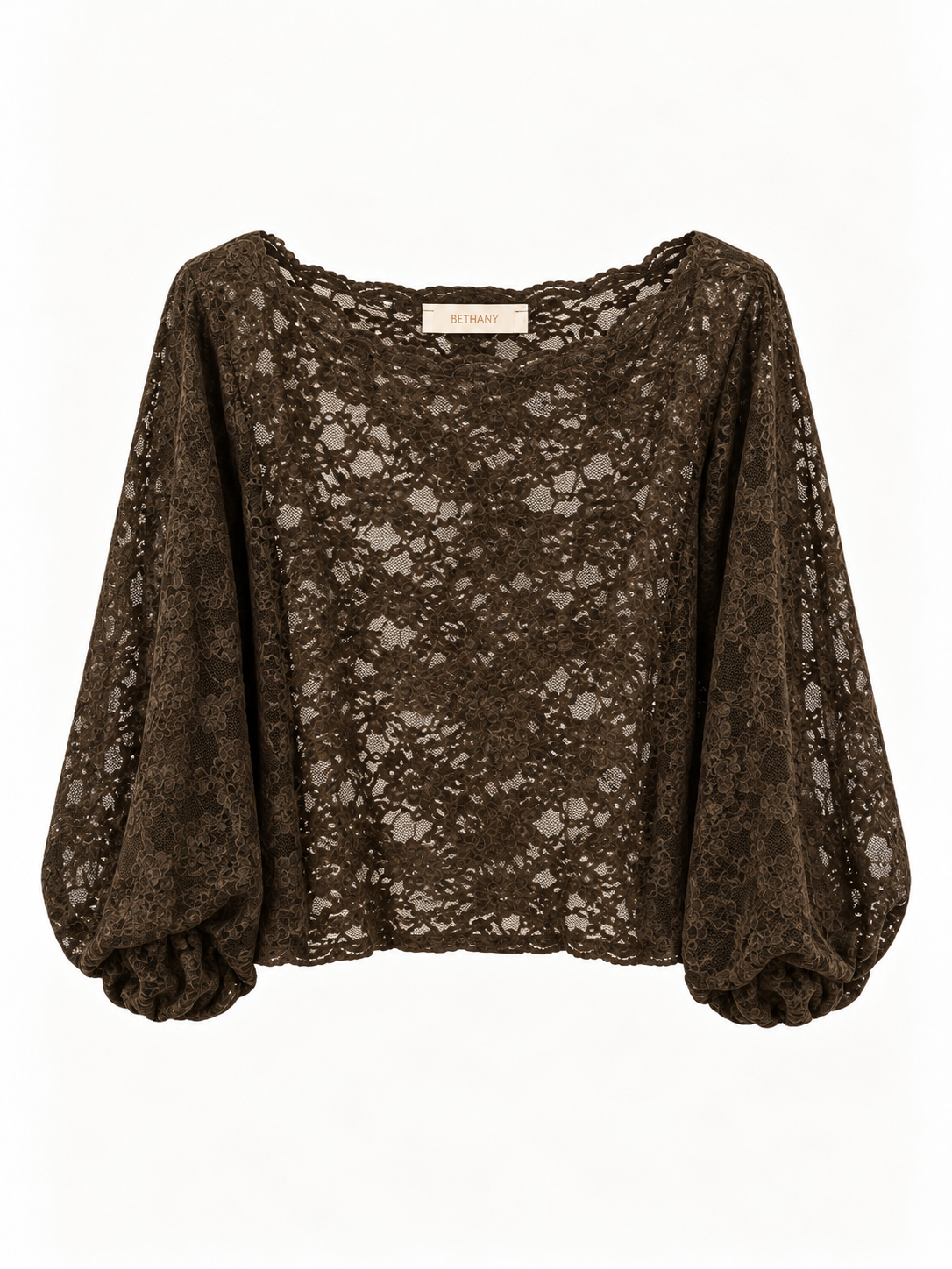 Blusa Yuliana Elegante in Pizzo Floreale con Maniche a Palloncino – Effetto Trasparente