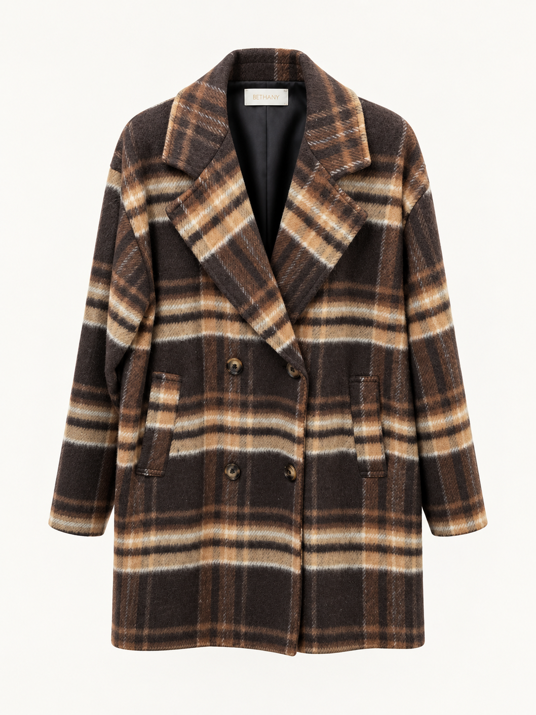 Cappotto Charlotte Oversize a Quadri Tartan Marrone e Beige con Doppiopetto