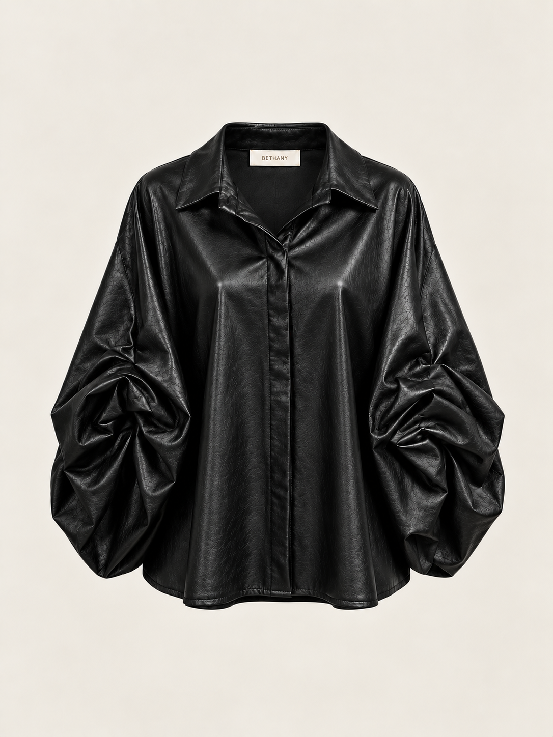 Camicia Effetto Pelle con Maniche Arricciate Oversize