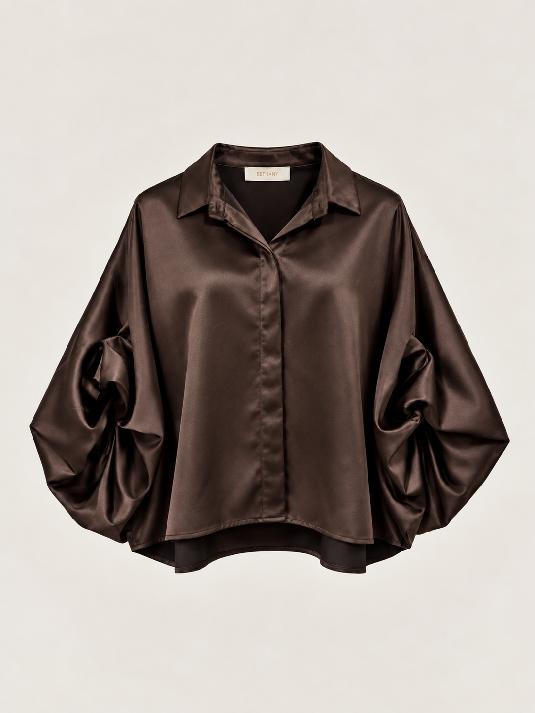 Camicia Satinata Con Maniche Arricciate