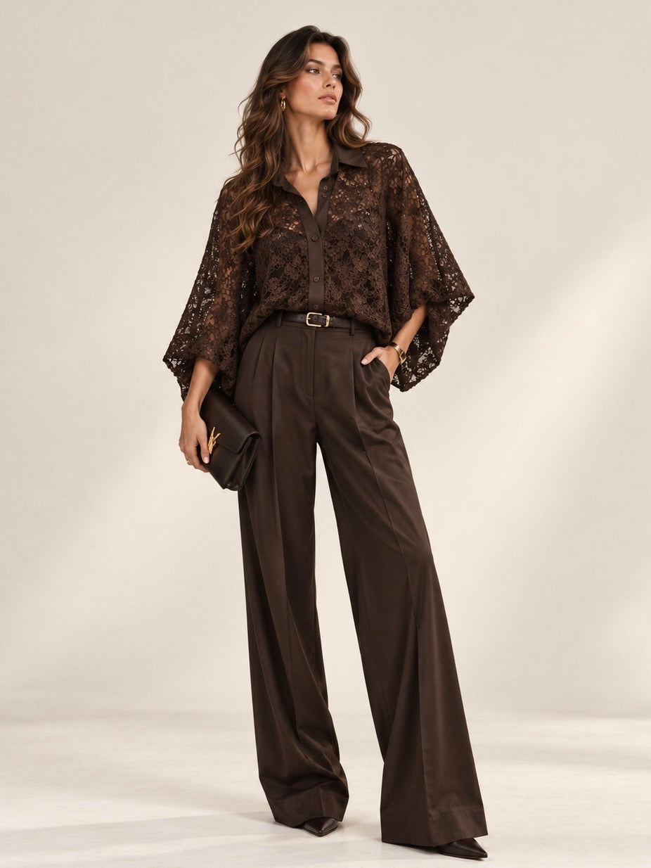 Camicia Pizzo Con Manica Arricciata