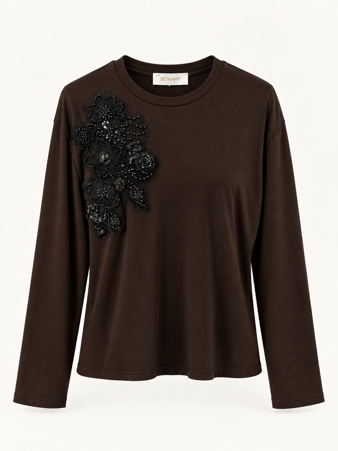 Maglia Genovia con Applicazioni Floreali Nere e Perline
