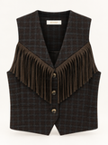 Gilet Dakota con Frange e Fantasia a Quadri Marrone