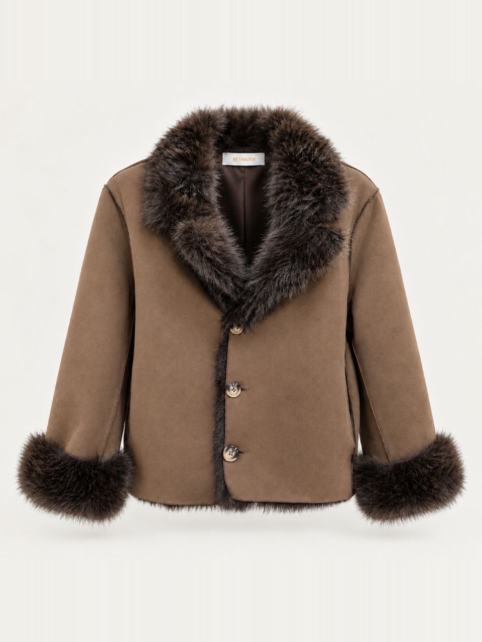 Giacca Matilde Corta in Suede Marrone con Collo e Polsini in Ecopelliccia