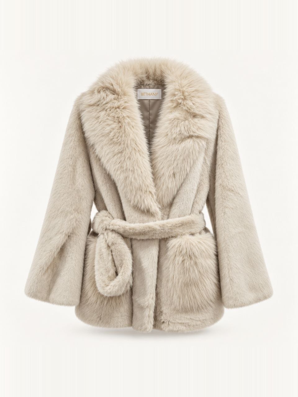 Pelliccia Eco-Fur Naelle con Cintura in Vita e Collo Ampio