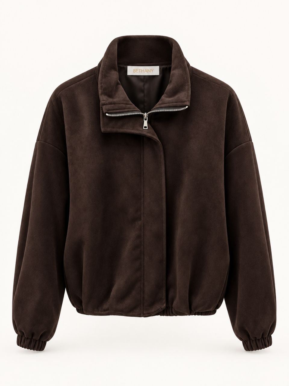 Giubbotto Bomber Effetto Camoscio con Collo Alto e Zip