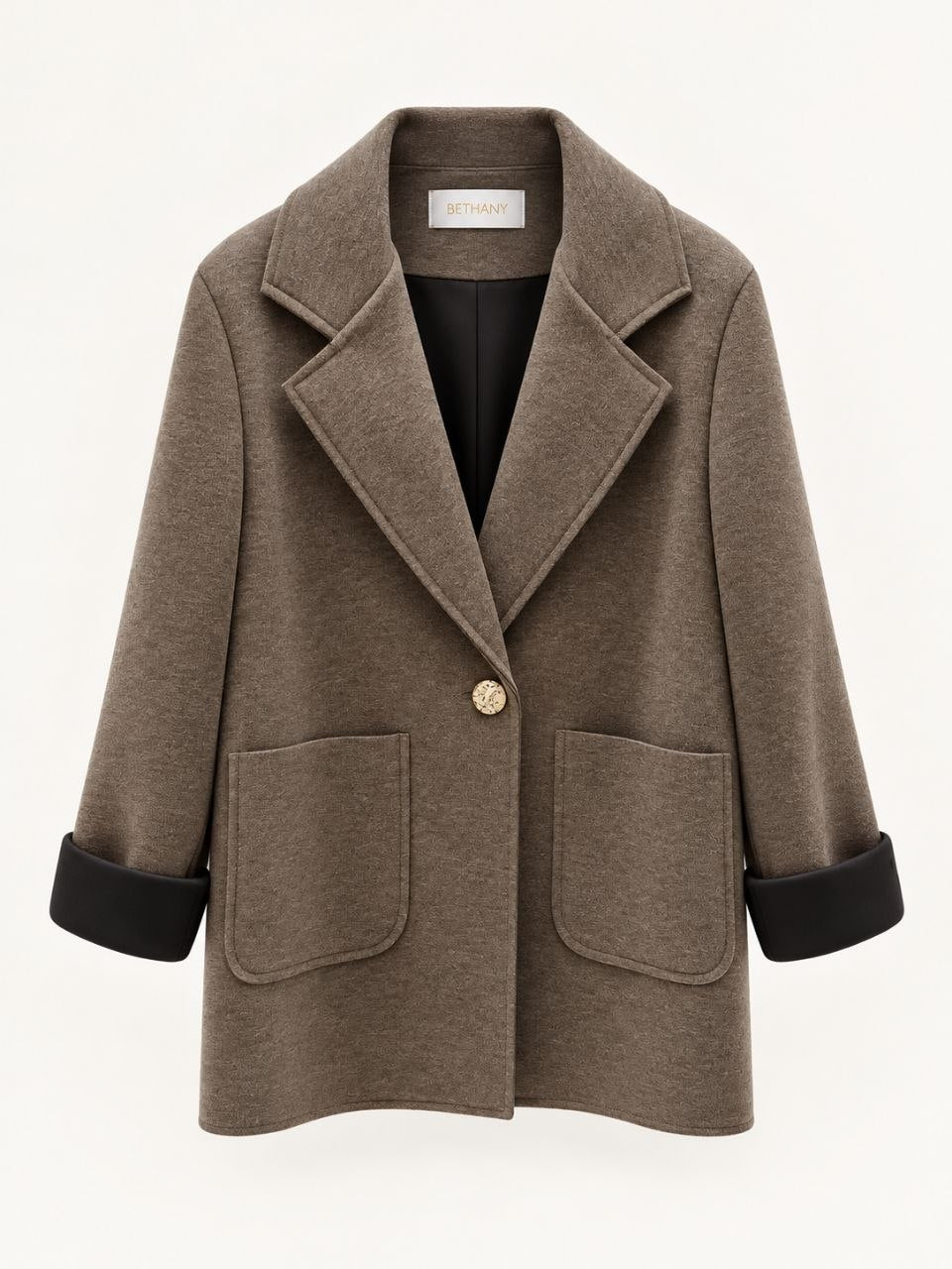 Cappotto Eloise con Profili a Contrasto, Bottone Oro e Tasche Applicate