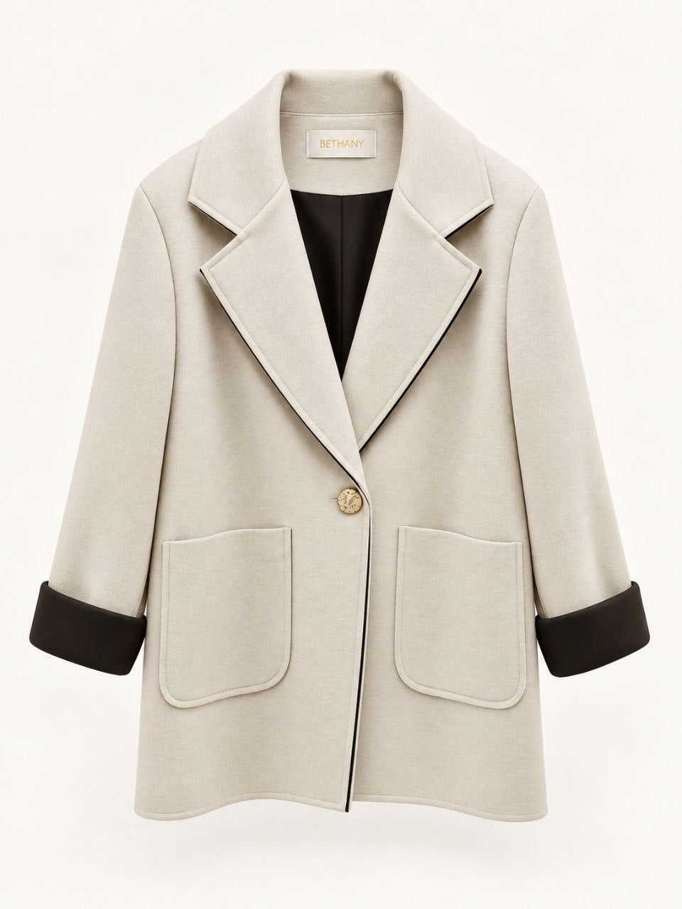 Cappotto Eloise con Profili a Contrasto, Bottone Oro e Tasche Applicate