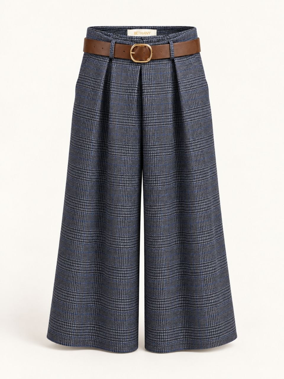 Pantalone Palazzo Margot – Vita Alta con Pinces, Fantasia Pied de Poule e Cintura Marrone