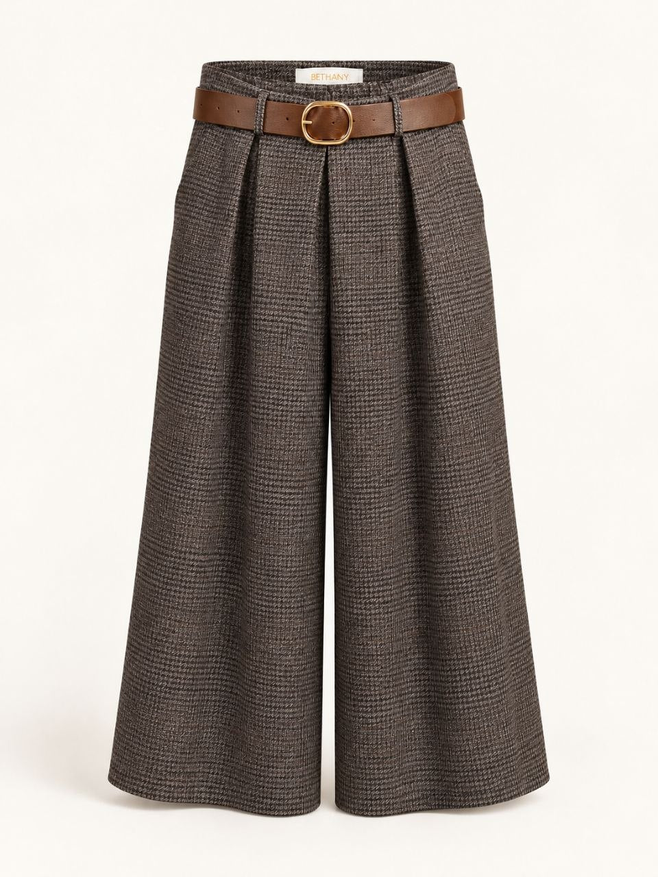 Pantalone Palazzo Margot – Vita Alta con Pinces, Fantasia Pied de Poule e Cintura Marrone