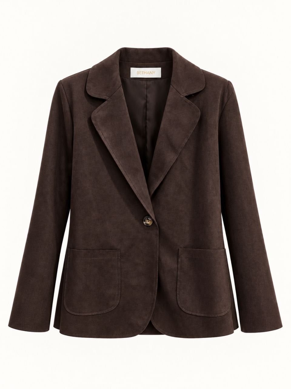 Blazer Odette in Tessuto Effetto Camoscio Cammello con Bottone Singolo e Tasche Applicate