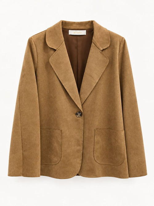 Blazer Odette in Tessuto Effetto Camoscio Cammello con Bottone Singolo e Tasche Applicate